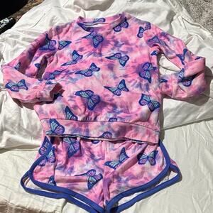 Saint Eve M 7/8 Pink and Blue Butterfly Print lounge Set pajamas sleepwear euc